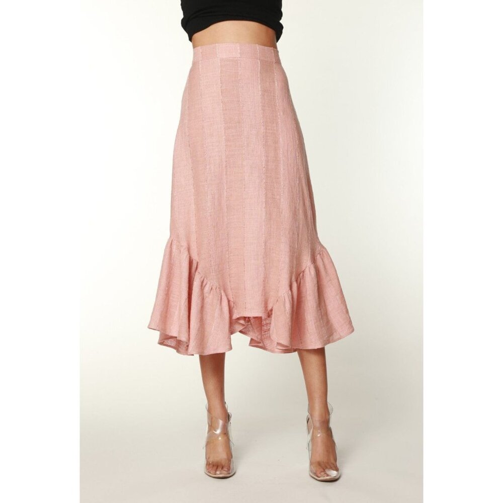 Eva Franco Anthropologie Blush Pink Flounced Linen Midi A line Summer Skirt